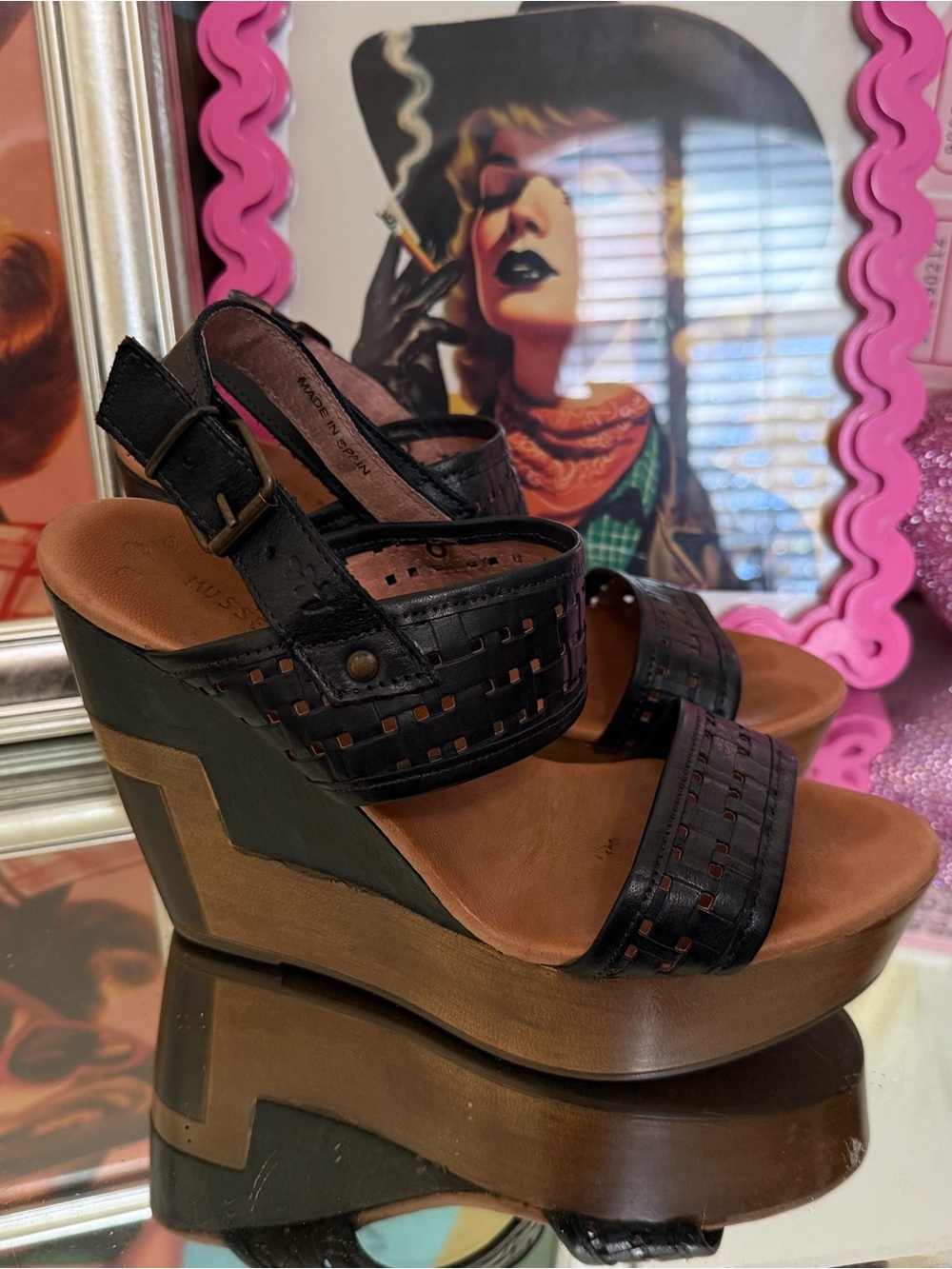 Musse & Cloud Black Woven Leather Wedge Sandals